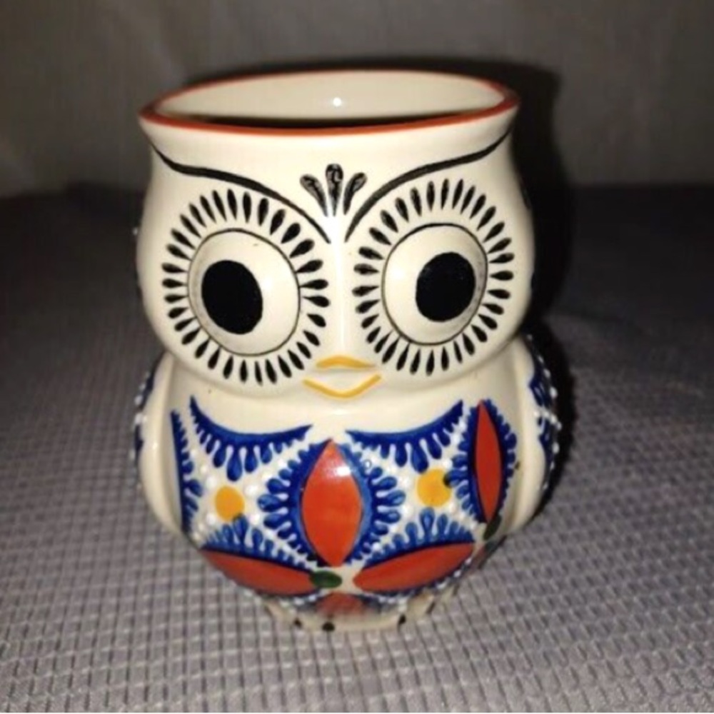 Yokohama Studio Pottery Miyabi 3D Owl Mug Hand Painted Ceramic Red White Blue